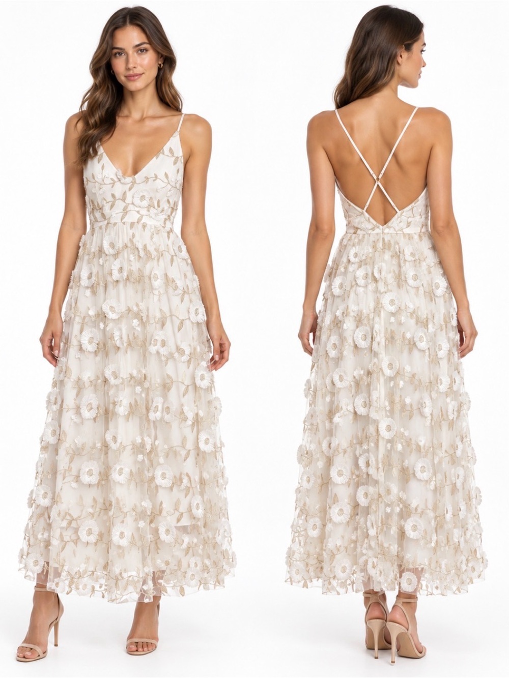 Chelsea28 3D Floral Embroidered Tulle Maxi Dress Ivory Gold Size M